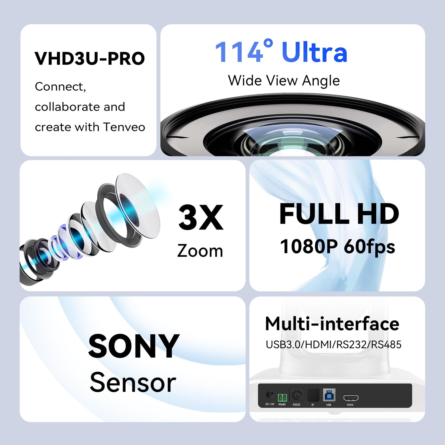 Tenveo PTZ Kamera HDMI/USB3.0 Konferenzkamera 3X optischer Zoom Konferenzraumkamera 1080p 60fps 114° Weitwinkel für Konferenzräume zusammen mit Skype Zoom Equipment (VHD3UPro)