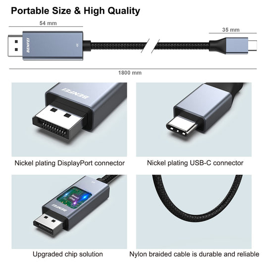 BENFEI USB C auf DisplayPort Kabel 0,9M (4K@144Hz/120Hz/60HZ, 2K@240Hz/144Hz), USB Typ C (Thunderbolt 5/4/3) zu DisplayPort Kabel für iPhone 15 Pro/Max MacBook Pro/Air 2023 iPad Pro iMac S23 XPS 17