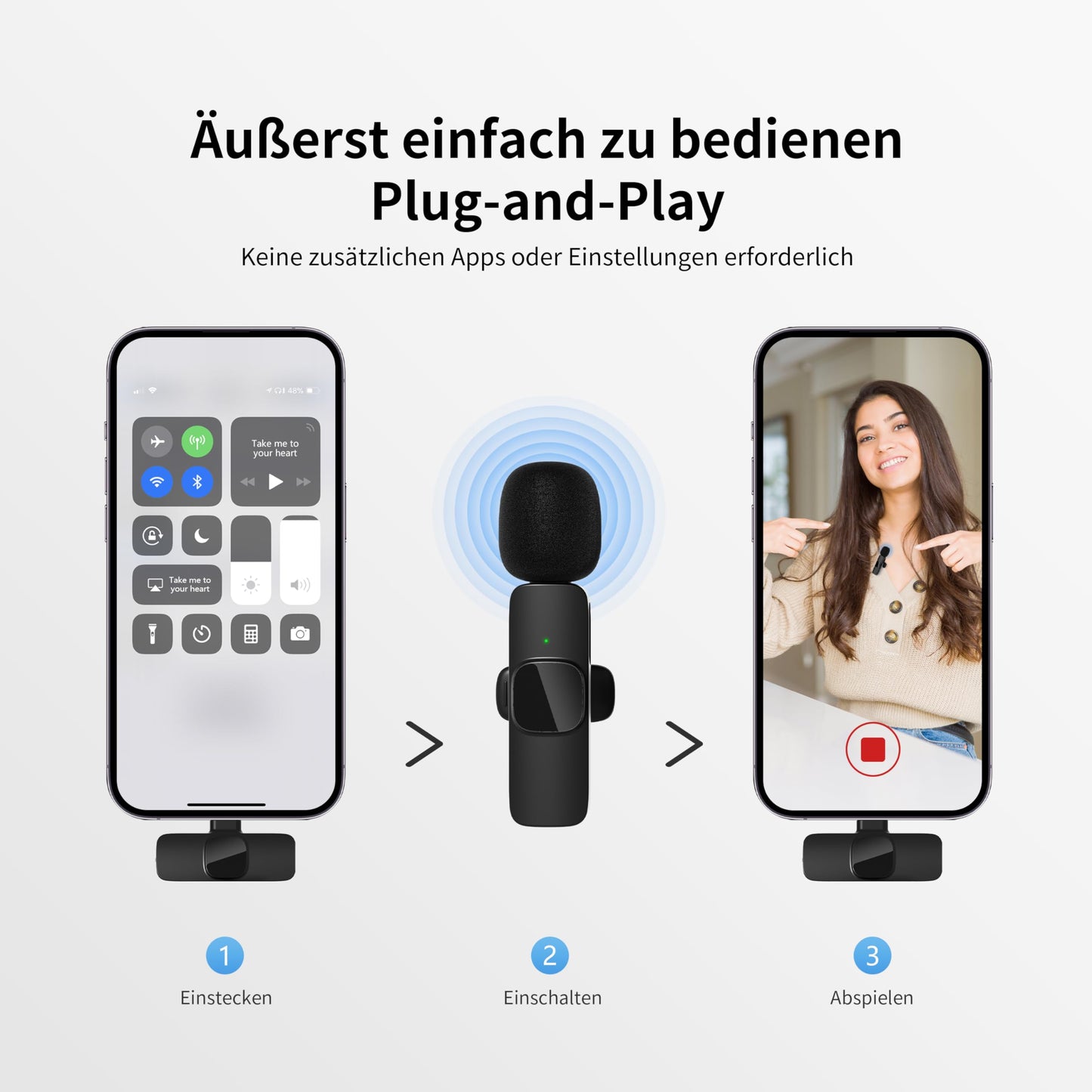 Qhot Kabelloses Lavalier Mikrofon für iPhone,iPad， Plug-and-Play-Mikrofon für Aufnahmen, Live-Streaming, Keine App erforderlich(iOS&USB-C 2MIc)