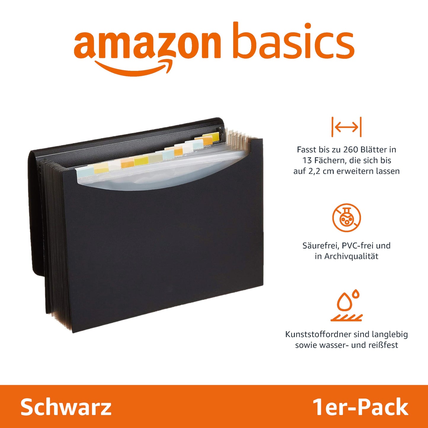 Amazon Basics Dokumentenmappe A4, Fächermappe, Schwarz