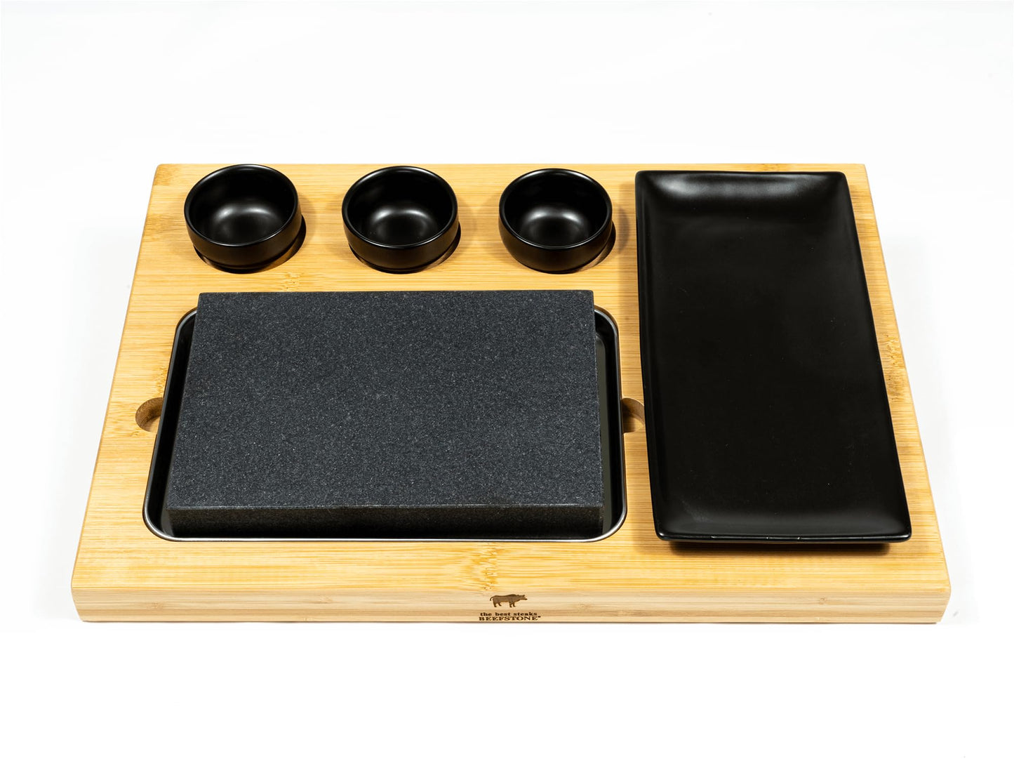 BEEFSTONE 7-Teiliges Lavastein-Grillset, Black, Hot Stone Steak-Brett mit Bambusplatte, Porzellan-Tablett und Lavastein für Fleisch, Fisch und Gemüse