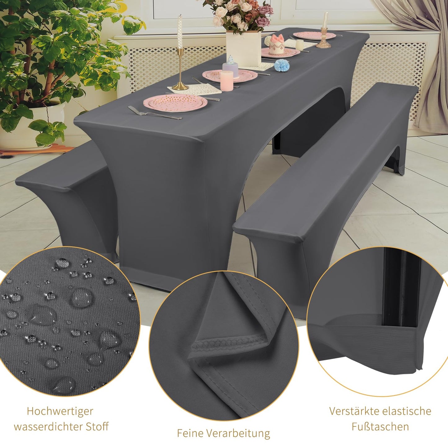 3er-Set Elastische Biertischhussen,Dunkelgrau Elastische Wasserdicht Bierbankhusse und Tischdecken,50 cm Tischbreite,Wasserdicht Bierzeltgarnituren 220 x50 x70 cm,für Bankett Gartenmöbel Abdeckungen.