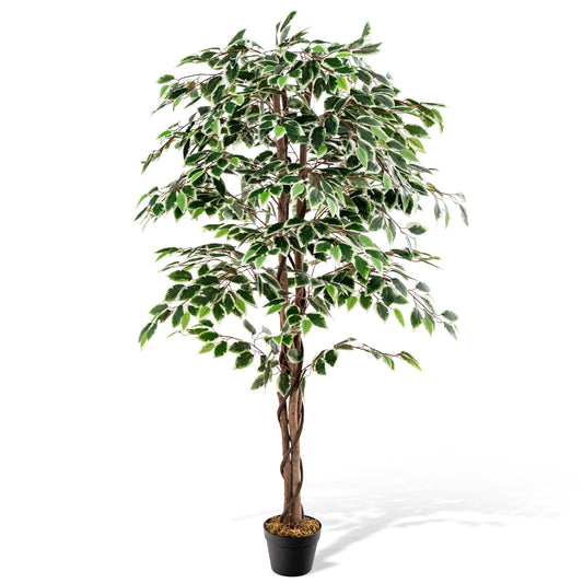 COSTWAY 160 cm Kunstpflanze grün, Künstliche Pflanze Ficus Benjamin, Dekopflanze mit natürlichem Holzstamm & Blättern, Zimmerpflanze Deko, Kunstbaum Innendekoration, für Zuhause Garten Büro