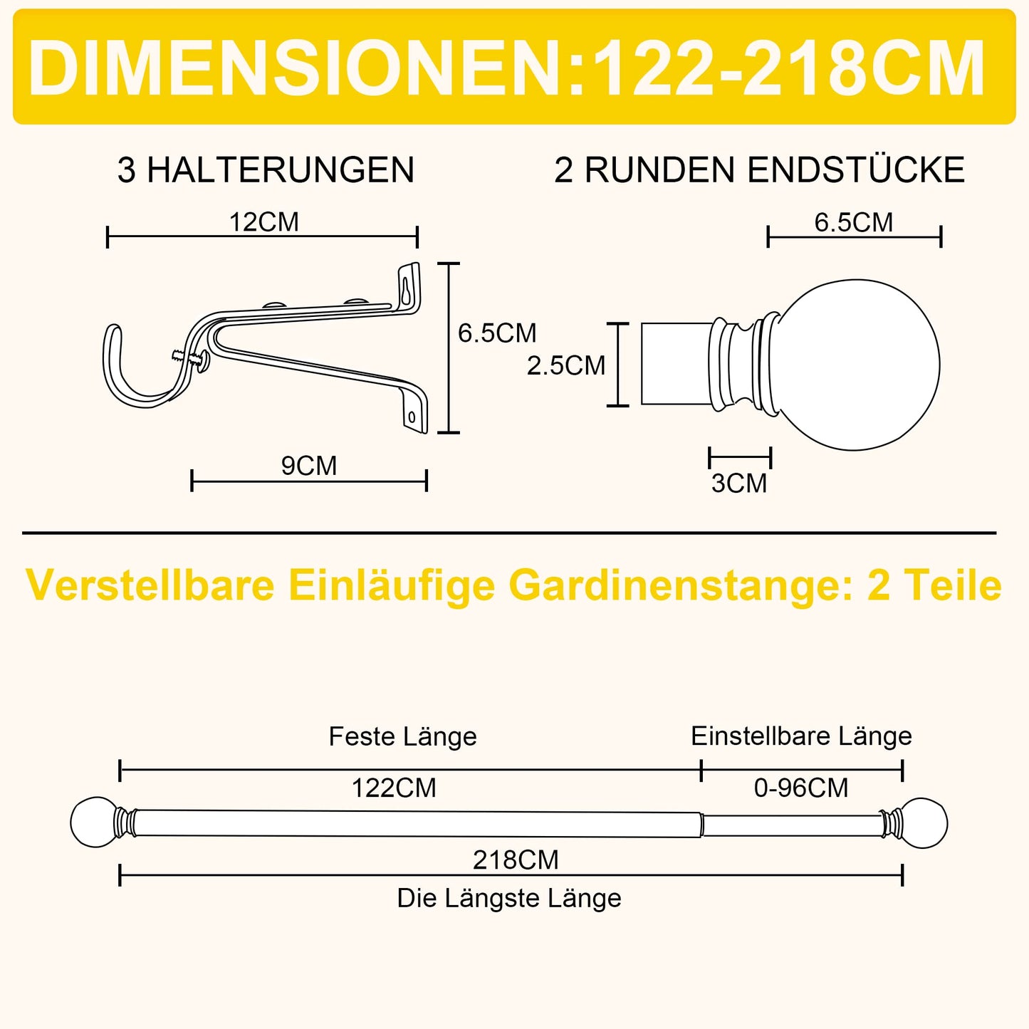 NICETOWN Gardienenstange Ausziehbar 122-218 CM Schwarze Vorhangstangen mit Runden Endstücken für Verdunkelungsvorhänge Curtain Rods, 1 Läufig, Durchmesser 25MM