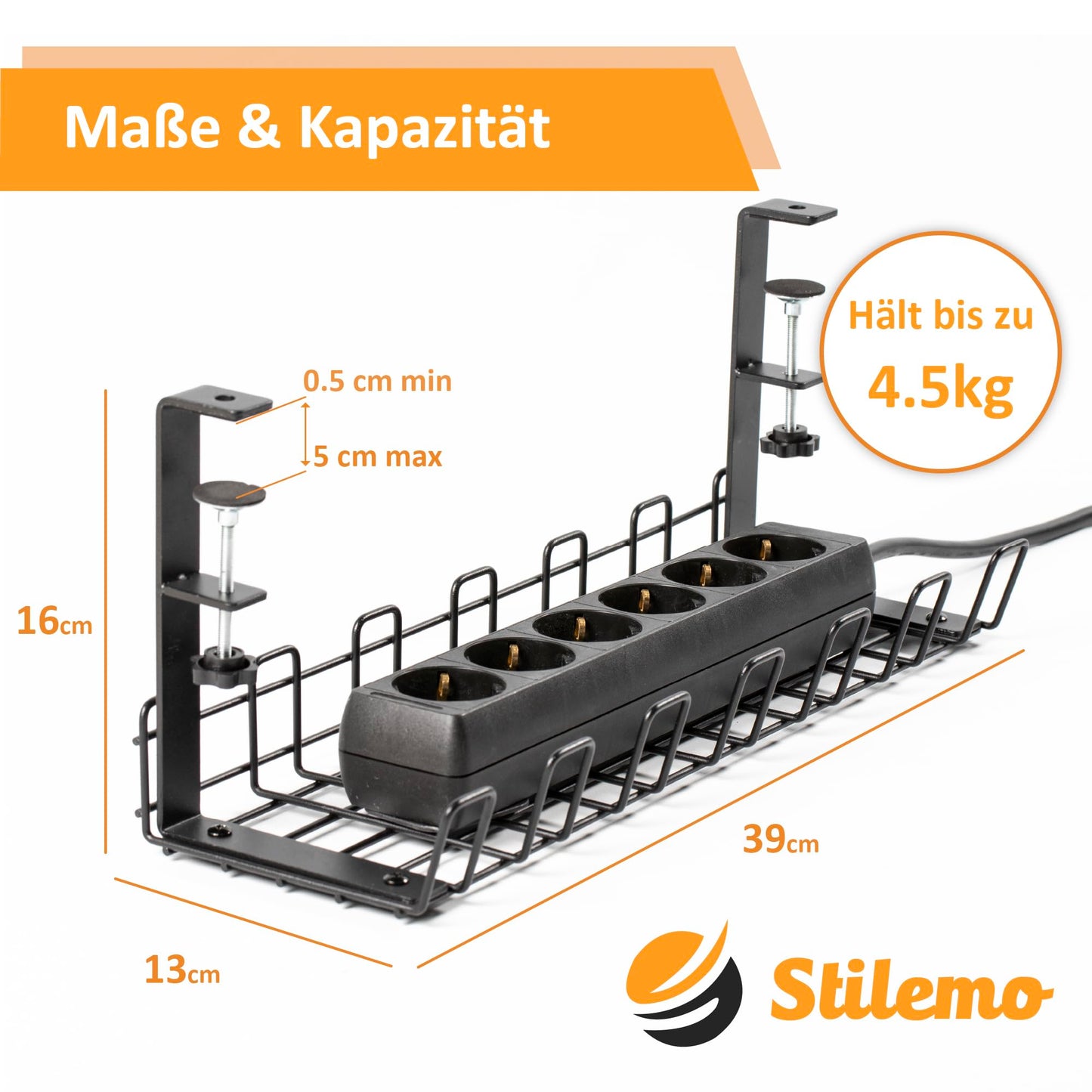 Stilemo Kabelkanal Schreibtisch ohne Bohren - Kabelmanagement Schreibtisch für Ordnung am Arbeitsplatz ohne Schrauben - Kabelhalter Kabelwanne Tisch - Kabelkanal mit Klemme - 39x13x16cm - Schwarz