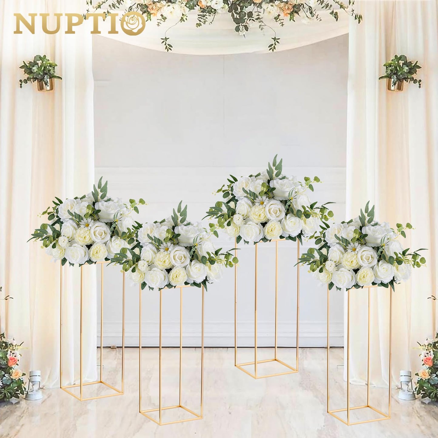 NUPTIO 2 Stück Goldvasen für Hochzeit Herzstück Tische, Metall Blumenboden Vase Säule Blumenständer, 80cm Hohe Geometrische Blumenvase, Rechteckige Blumen Display Rack für Zuhause Party Hochzeit