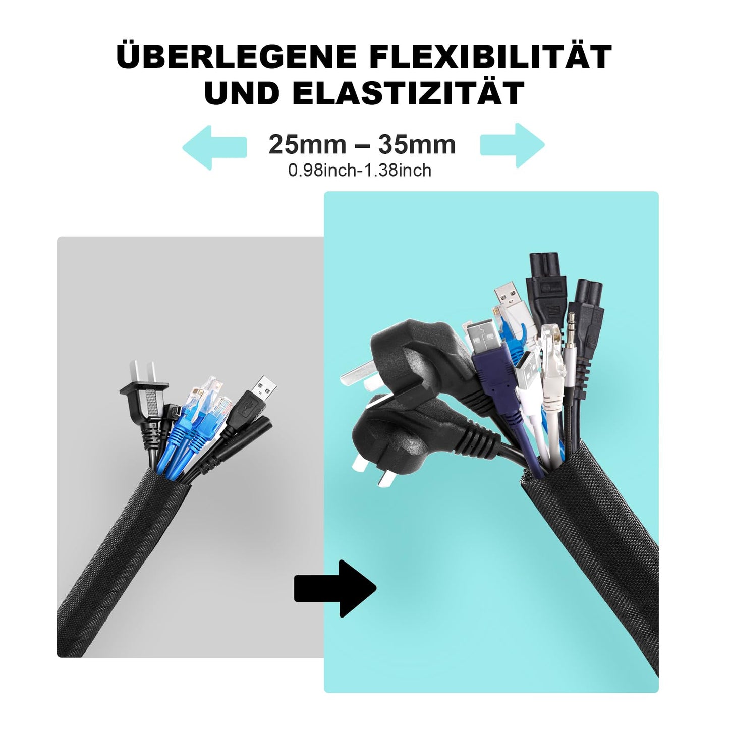AGPTEK 2m Kabelschlauch, 30mm selbstschließend Kabelkanal, Flexibler Textilien Kabelmantel, Kabelmanagement für Schreibtisch, TV, Computer, PC, Kabelschutz für Hund, Katze, Schwarz