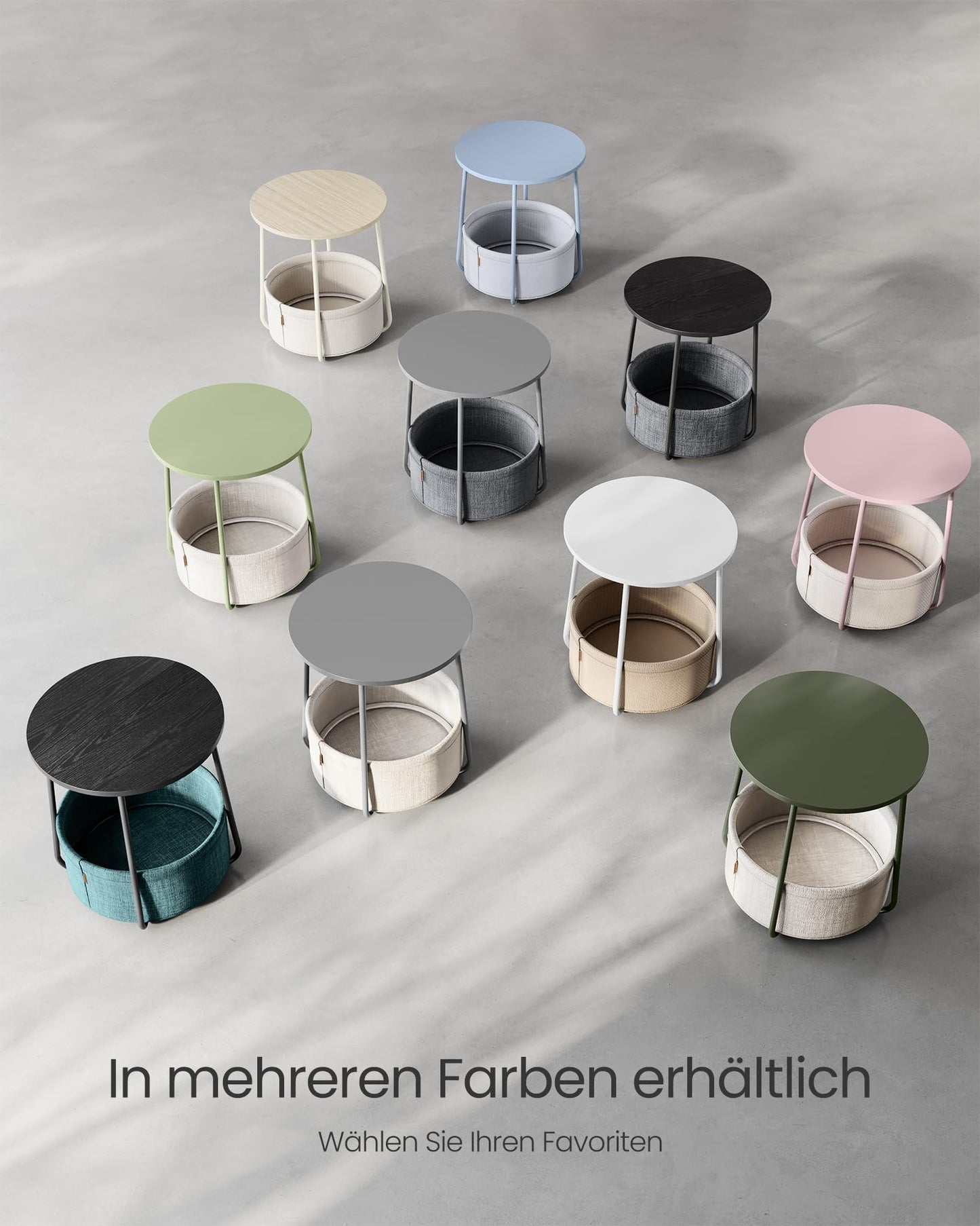 VASAGLE Beistelltisch rund, Kleiner Tisch, Couchtisch klein, Wohnzimmertisch, Korb aus Stoff, Stauraum für Wohnzimmer Schlafzimmer, Nachttisch modern, mattweiß-Kamelbraun LET223W10