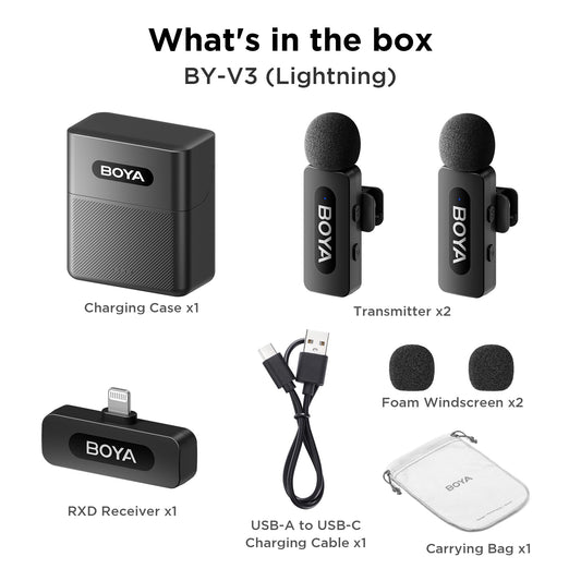 BOYA by-V3 iPhone Mikrofon Handy, Wireless Lavalier Mikrofon iPhone Kabellos, 100m Reichweite, Dual Ansteckmikrofon für Videoaufzeichnung, Vlog, YouTube, TikTok