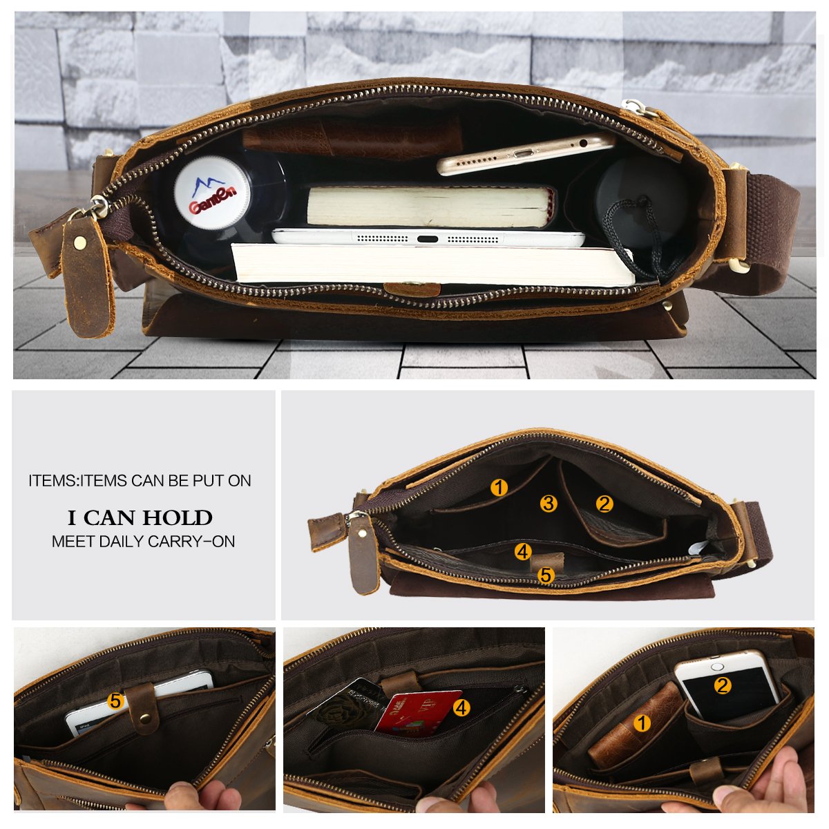 Leathario Herren Umhängetasche Schultertasche Leder 9.7Zoll Ipad mit 5 Steckfächern 25 x 7 x 31 cm für Alltage Freizeit