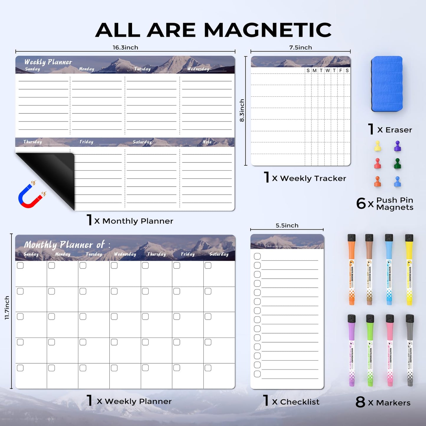 Marsrock Magnetischer Kalender für den Kühlschrank (4er-Pack) – Wochen- und Monatsplaner, Aufgaben- und Einkaufsliste, Whiteboard mit 8 Markern, 6 Magneten und 1 Schwamm für Küche und Zuhause, in Grau