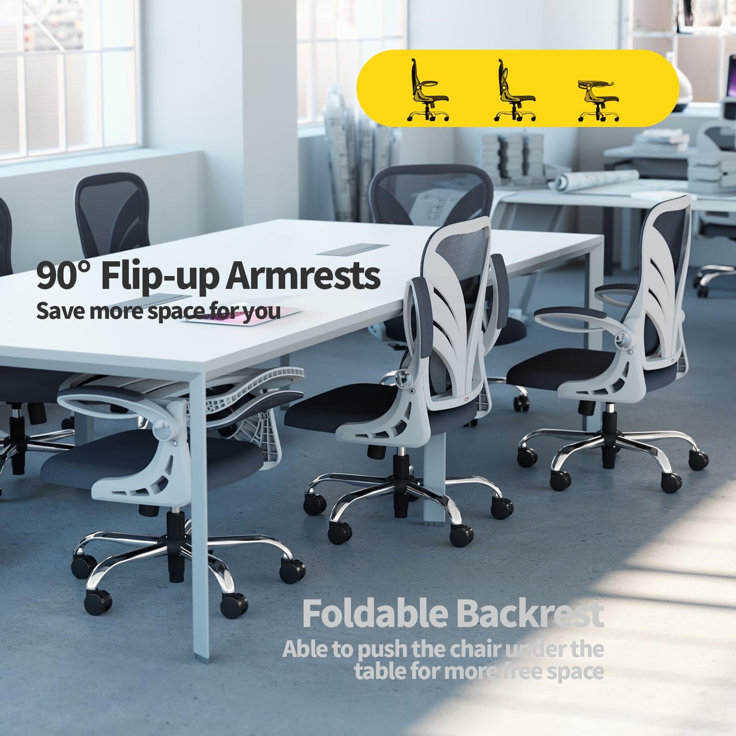 HOLLUDLE Ergonomischer Bürostuhl mit Klappbarer Rückenlehne, Schreibtischstuhl mit Erweitertem Sitz(52 cm), Hochklappbaren Armlehnen und Mesh Lendenwirbelstütze Drehstuhl Computerstuhl, Weiß