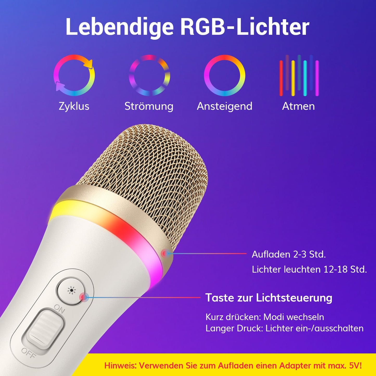 TONOR Dynamisches Karaoke Mikrofon, RGB XLR Gesangsmikrofon zum Singen, Handmikrofon mit 5M Kabel, Weiß Supernieren Microphone für Live-Gesang/Bühne/Lautsprecher/Studio/Zuhause/Party