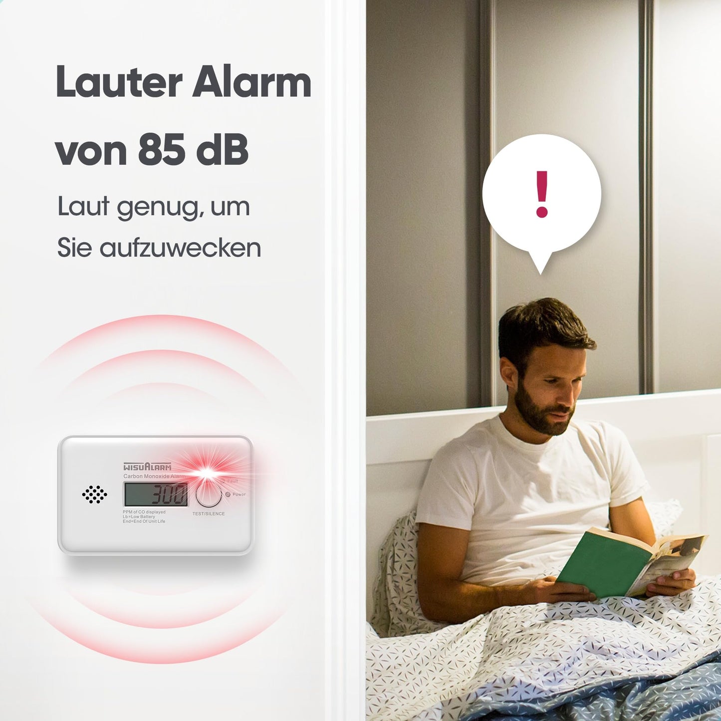 Kohlenmonoxid Melder, CO Melder, 10 Jahre Batterie kohlenmonoxid messgerät, CO Warner mit LCD Display und Test/Silence Taste, TÜV Zertifiziert nach EN 50291