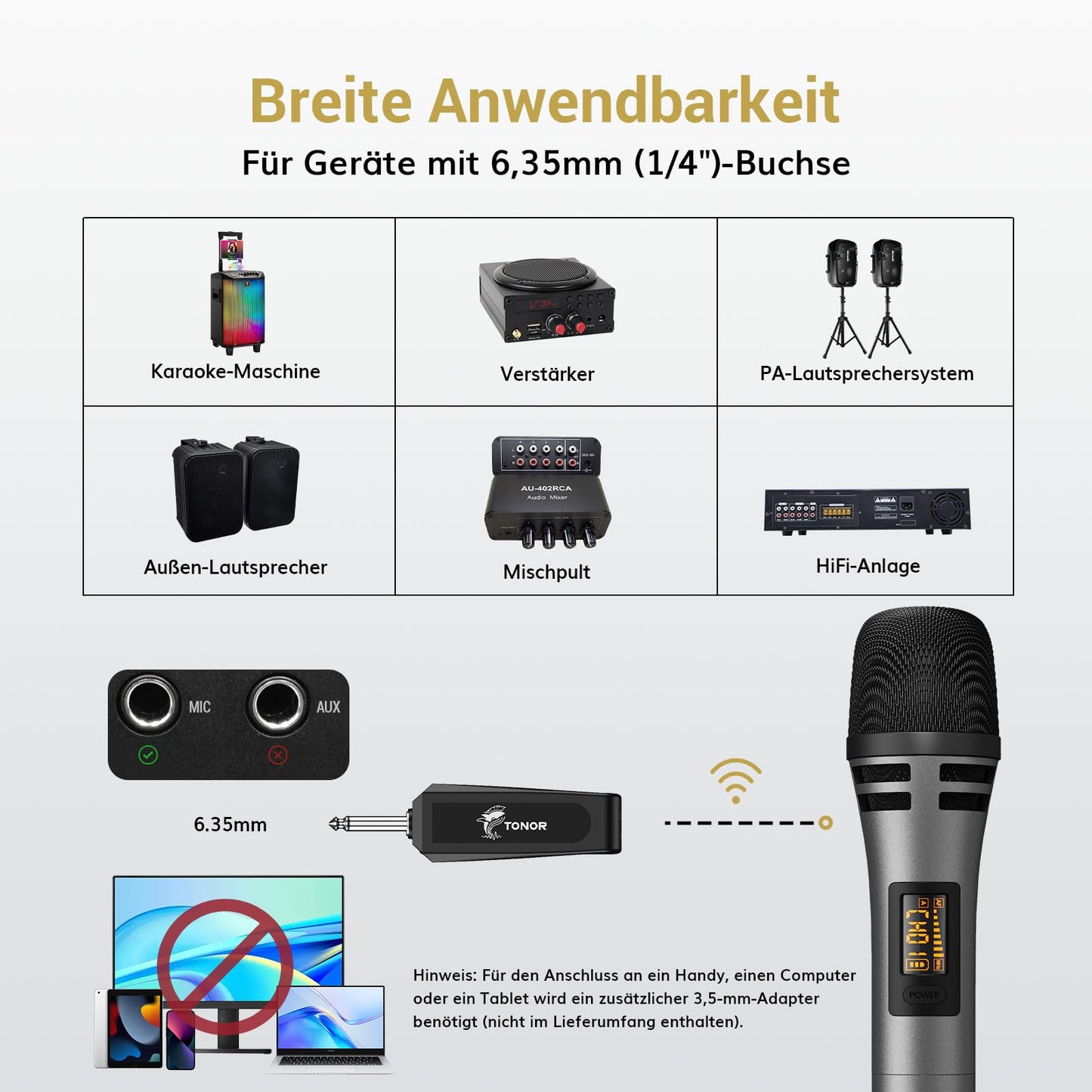 TONOR Mikrofon kabellos, drahtloses Funkmikrofon Wireless Microphone Handmikrofon dynamisch mit wideraufladbarem Empfänger für Verstärker PA Anlage Karaoke Hochzeit Party Konferenz Vortrag TW320 Grau