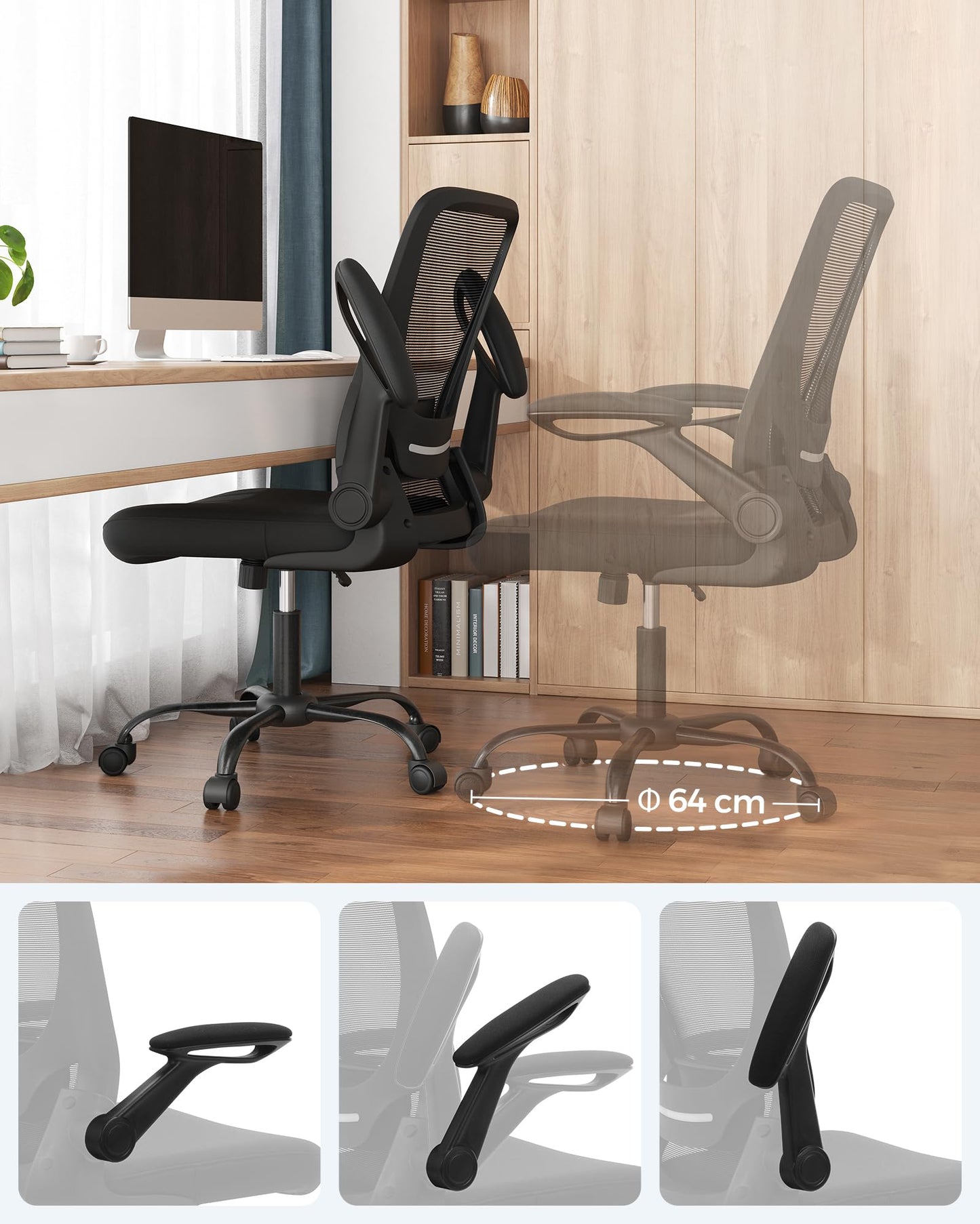 SONGMICS Bürostuhl, Schreibtischstuhl, Drehstuhl mit Netzbespannung, ergonomisch, gepolsterte Lendenstütze, Wippfunktion, 53 cm große Sitzfläche, klappbare Armlehnen, schwarz OBN37BK