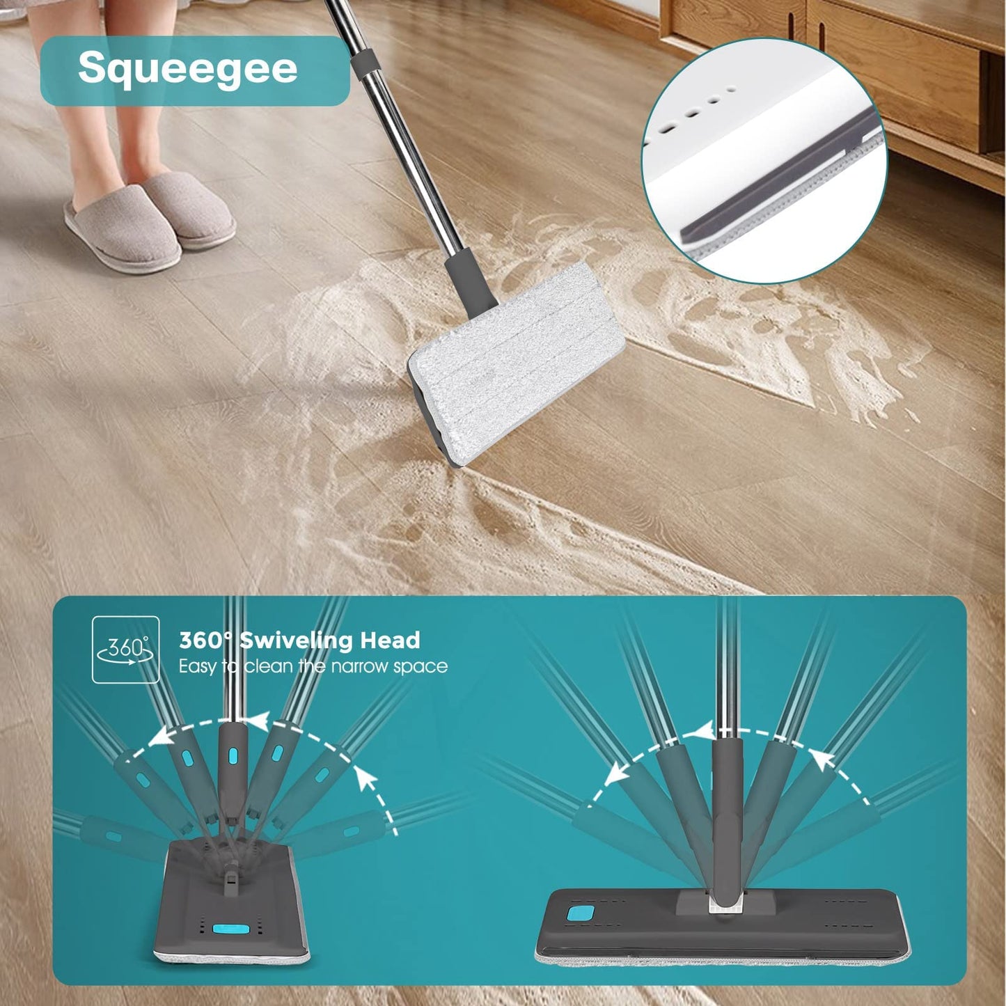 Masthome Bodenwischer Set mit Eimer,Wischmopp Set mit Eimer 2 In 1,Bodenwischer Set und 6 Mikrofaser Wischpads,Wischmopp mit Auswringfunktion für Hartholz Marmor Fliesen Bodenreinigung