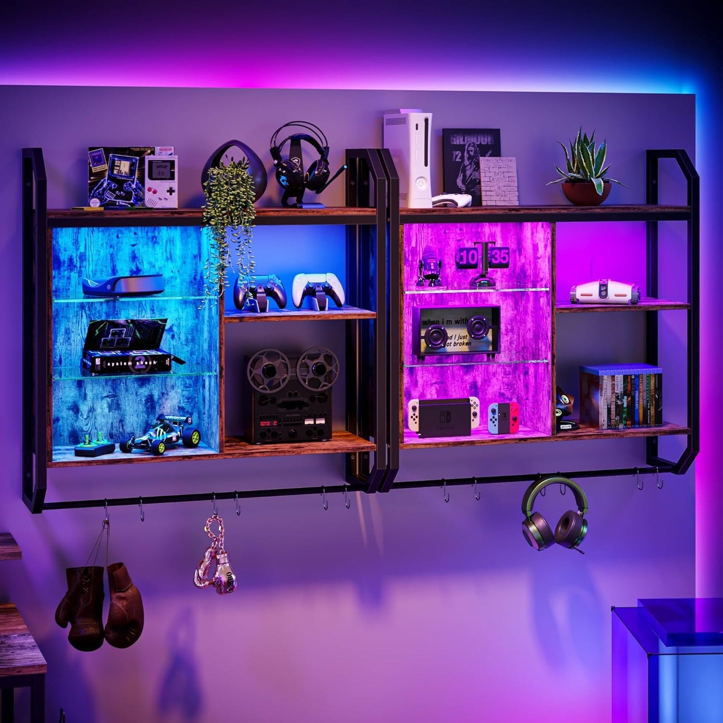 Bestier LED Küche schwimmende Regale, 84cm industrielle Rohr Regale mit verstellbaren Glasböden, Wandregal mit 6 S-Haken Handtuch Bar, Wein Kaffee Bar Regal für Raumdekoration rustikal, Braun