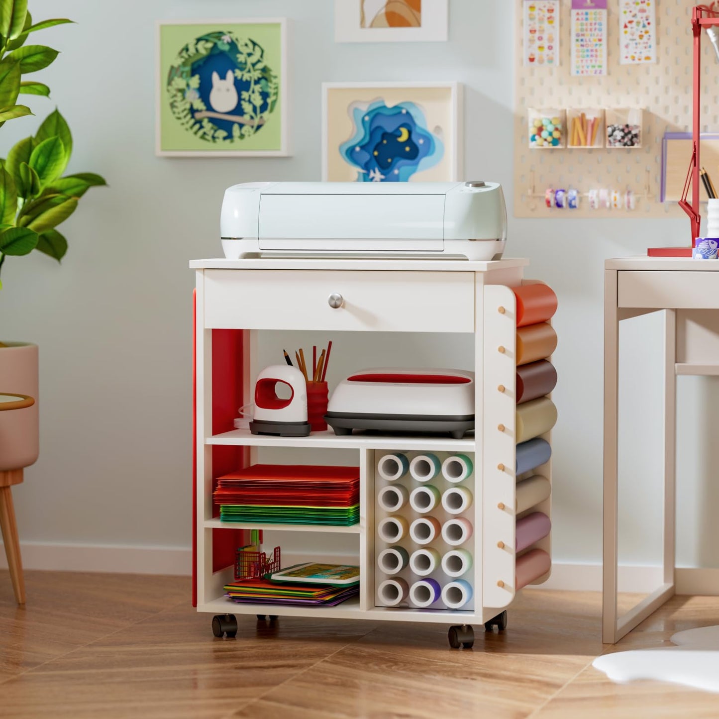 Crafit Bastelwagen und Organizer Tisch Kompatibel mit Cricut, Rollende Organizer und Aufbewahrung mit Vinylrollen Halterungen Bastelstation Werkzeughalter für das Bastelzimmer Home Office (Patentiert)