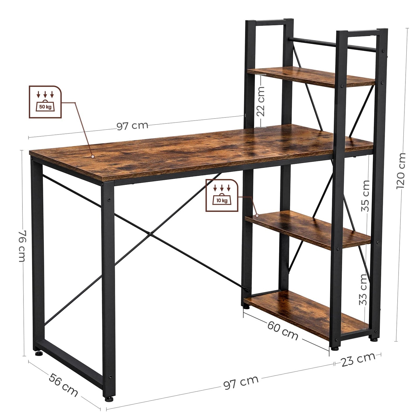 VASAGLE Schreibtisch, Computertisch mit Regalböden rechts oder Links, 120 cm breiter Bürotisch, für Arbeitszimmer, Homeoffice, einfacher Aufbau, vintagebraun-schwarz LWD48X