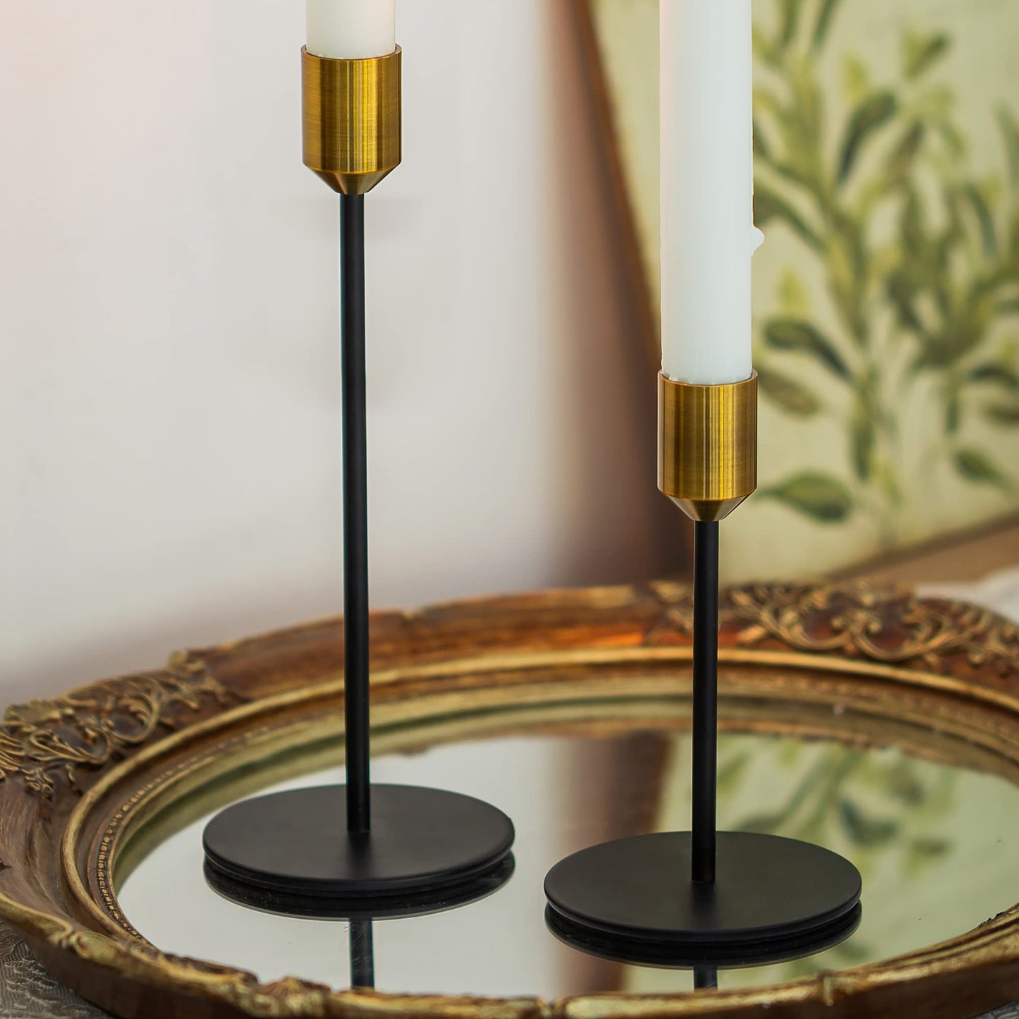 Romadedi Kerzenständer Gold & Schwarz - 3er-Set Hoch Kerzenhalter Unterschiedlicher Größe für Stabkerze Kerzen Metall Vintage Modern Deko Tischdeko für Weihnachten Hochzeit Wohnzimmer, 24/20/14 cm
