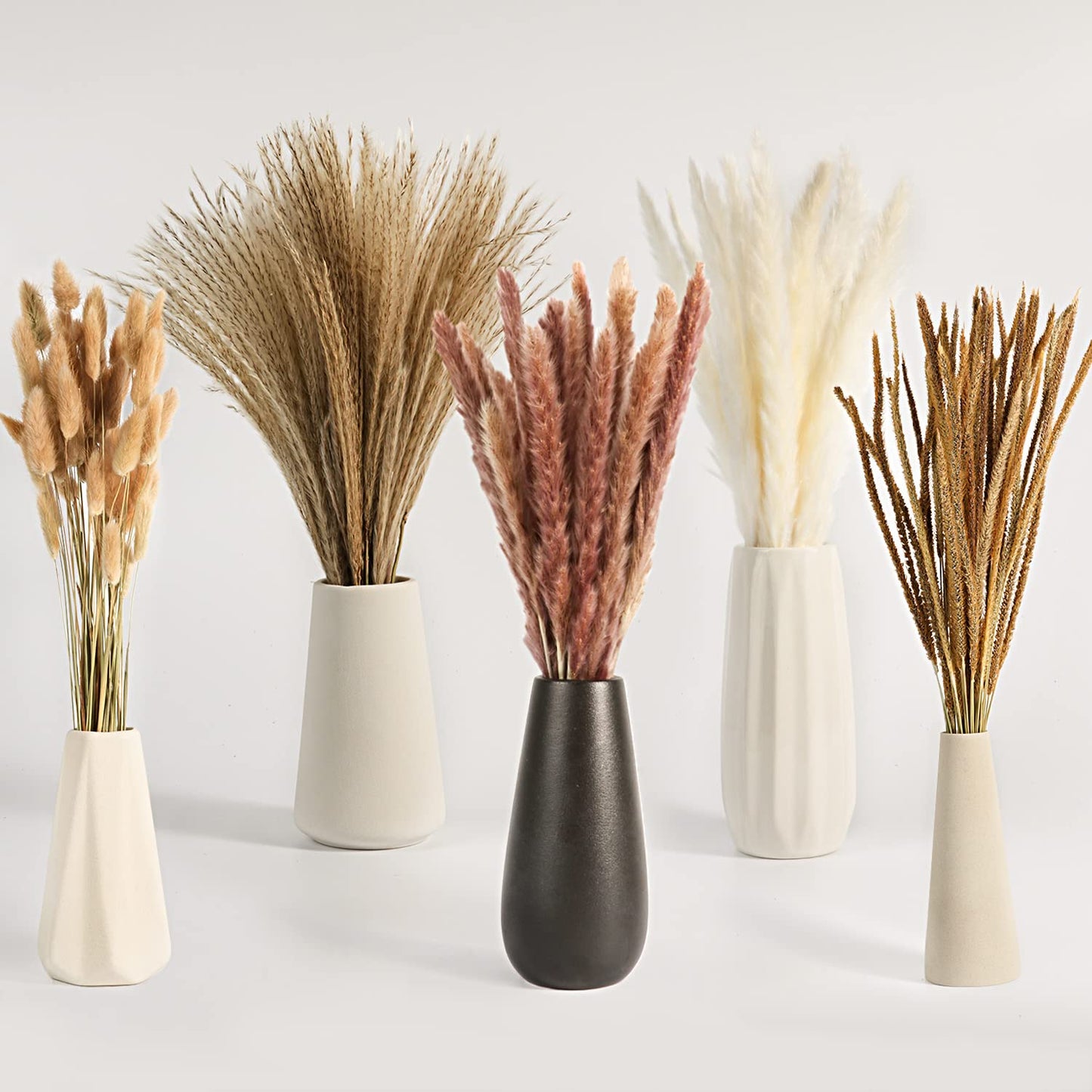 Pampasgras Trockenblumen Deko, 120 Stück Natürliche Braun Weiß Pampasgras Flauschige Wedel, Lagurus und Schilfblume Getrocknete Blumen für Boho Deko Wohnzimmer Schlafzimmer Gartenhaus Hochzeit
