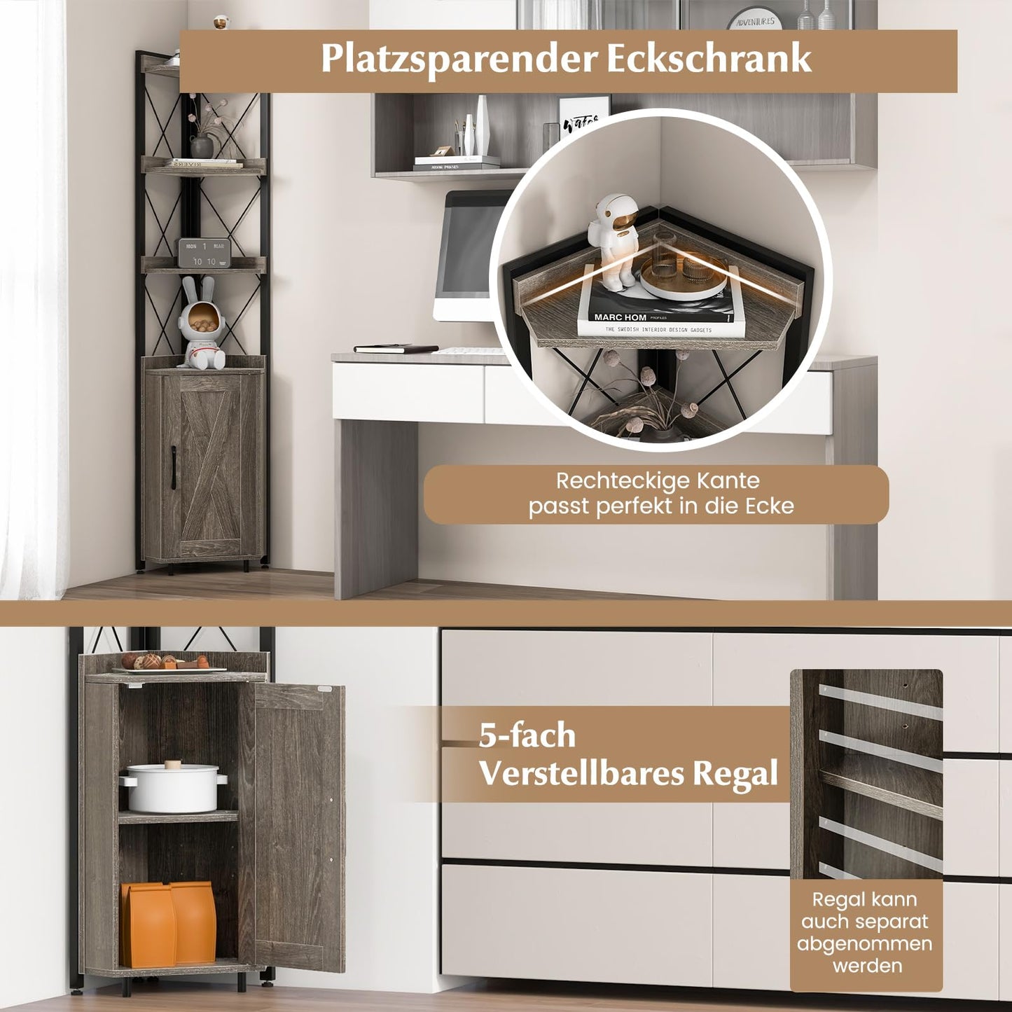 COSTWAY 6-stöckiges Bücherregal, Standregal industriell, Hochschrank schmal mit 4 Ablagen & verstellbaren Regalen, Küchenschrank Eckschrank platzsparend, 48 x 32 x 180 cm (Grau)