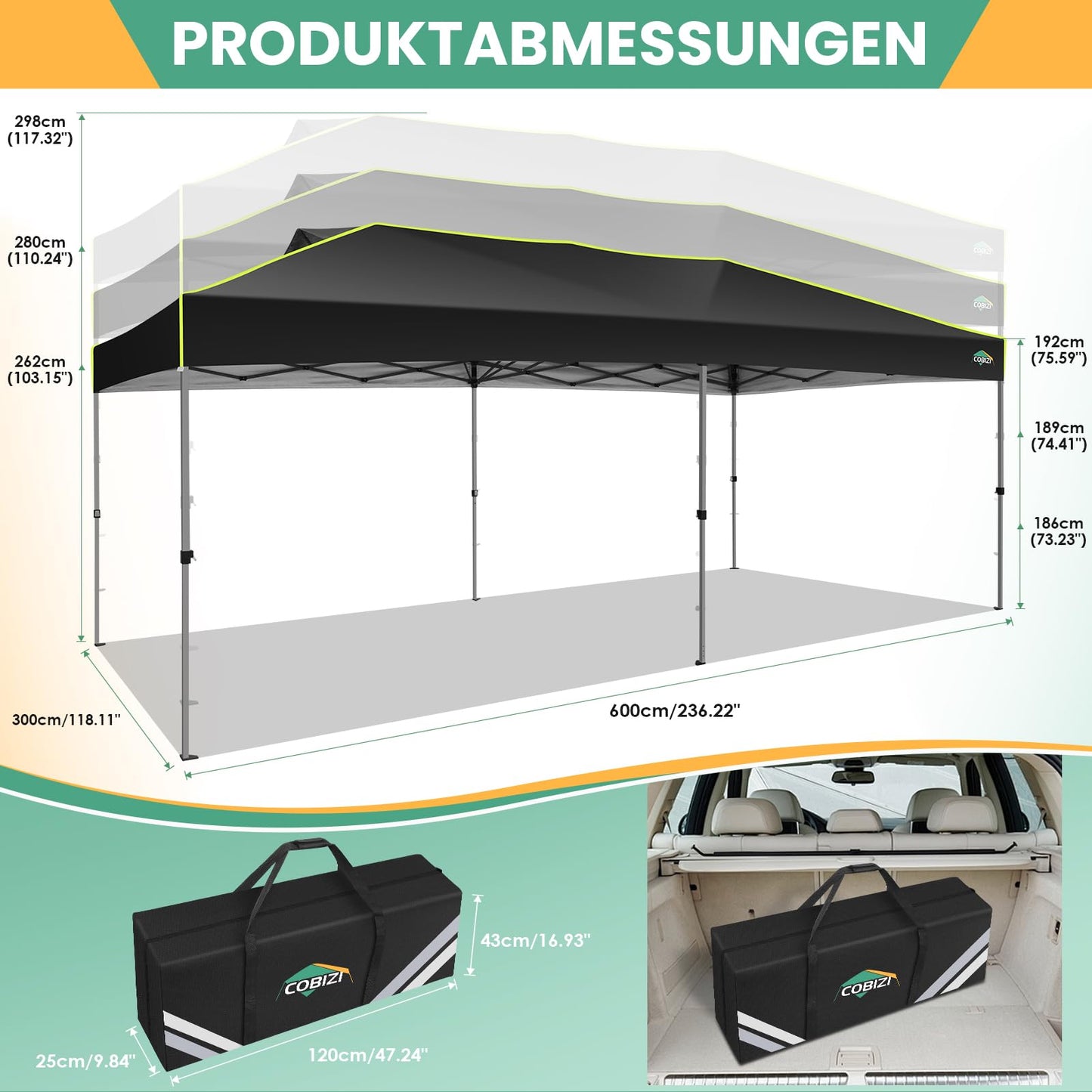 COBIZI Faltpavillon 3x6 Pavillon wasserdicht Winterfest, EIN-Tasten-Zentralverriegelung Partyzelt Faltbar Anti-UV mit Fluoreszierenden Streifen, 6 Seitenwänden, Gartenpavillon für Hochzeiten, Freien