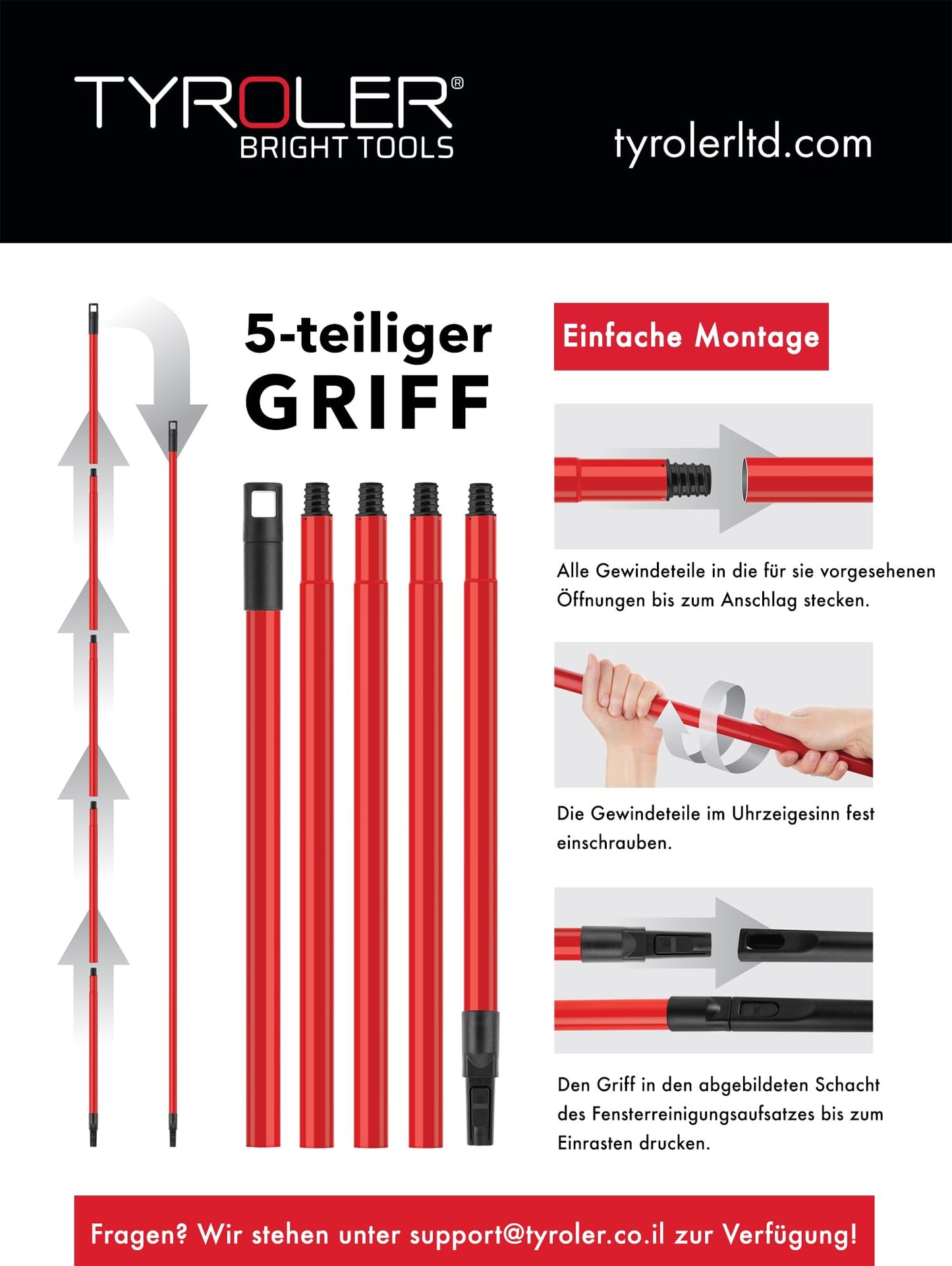 Tyroler 2-in-1 Fensterwischer mit Teleskopstiel | 30-205 cm Teleskopstange Fensterreinigung | 100% Naturkautschuk Teleskop Fensterwischer | 5-teiliger Griff Profi Fensterputzer Teleskop Set