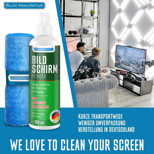 BLUM MANUFAKTUR 1x 100ml Bildschirmreiniger + 30x30 cm Mikrofasertuch Supersoft 365GSM - Screen Cleaner - Display Reiniger - Absolut streifenfreie Reinigung von Handy, Laptop, PC, TV