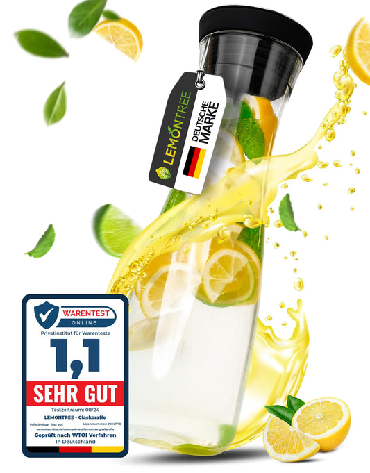 Lemontree Glaskaraffe mit Deckel & Fruchteinsatz 1,8l - Wasserkaraffe für kalte & heiße Getränke, Deckel mit Close Up-Verschluss, Karaffe aus Borosilikatglas