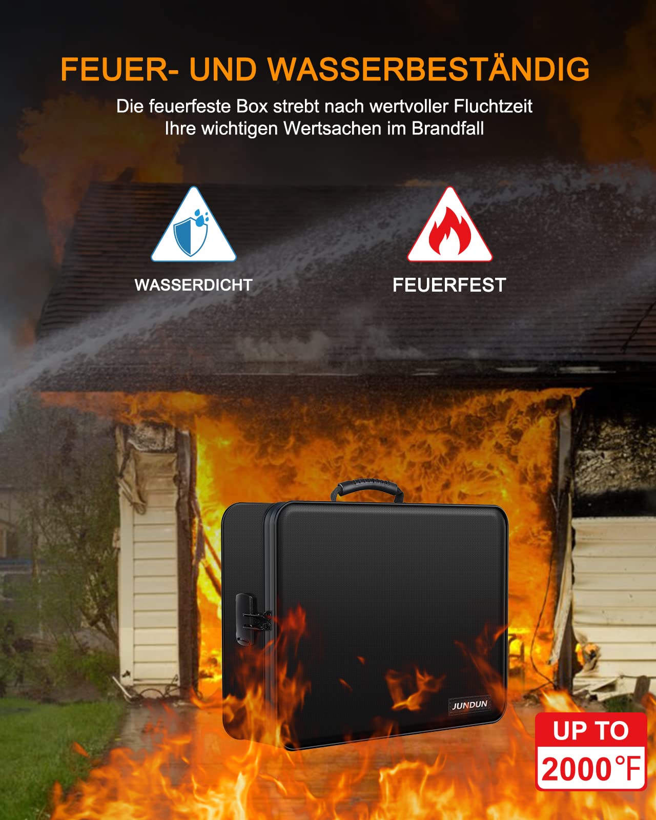 JUNDUN feuerfeste Dokumententasche mit Schloss, Aufbewahrungsbox mit 7 Fächern, Akten-Organizer, tragbare Aktentasche für wichtige Dokumente, Akte (Schwarz)