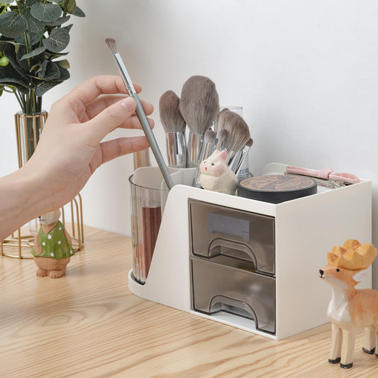 RISEMART Drehbarer Schreibtisch-Organizer mit 2 Schubladen – Multifunktionaler Stifthalter in Weiß für Büro, Schule & Zuhause