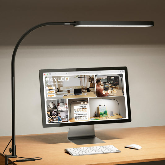 SKYLEO Schreibtischlampe LED – 85cm Schreibtisch Lampe – Flexibler Schwanenhals – 5 Farbmodi x 11 Helligkeitsstufen – 1300LM – Timmer und Speicherfunktion – 12W Desk Lamp – Schwarz