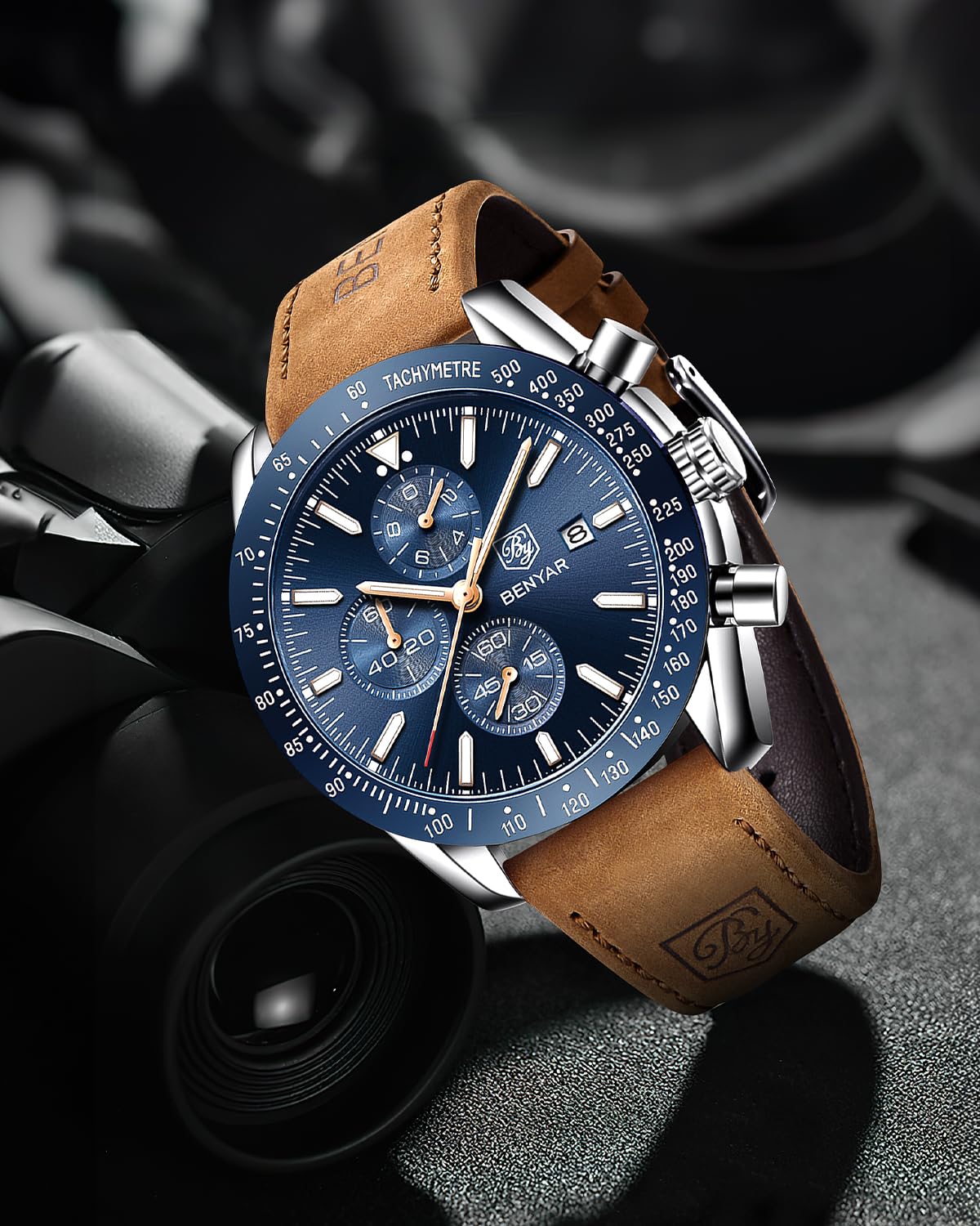BENYAR Uhren Herren Analog Quarz Chronograph Herrenuhren 30M Wasserdicht Leuchtende Datum Braun Lederband Armbanduhr Lässig Business-Kleid Uhren Elegantes Geschenk fur Männer