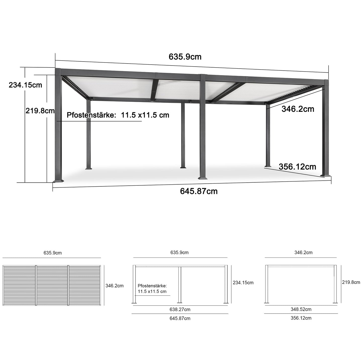 PURPLE LEAF Pergola 3.45 x 6.23 m Wasserdicht Stabil Winterfest Alu Pergola mit Lamellendach Terrassenüberdachung mit Verstellbaren Alu-Lamellen für Carport, Grauer Rahmen und Weißes Dach