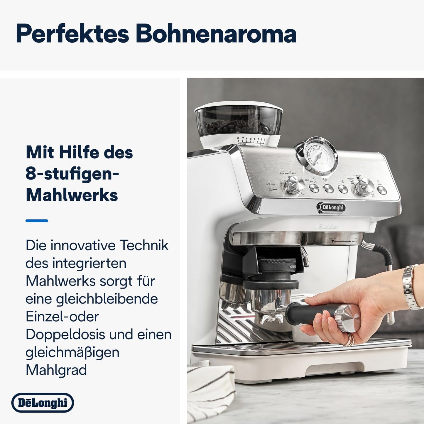 De’Longhi La Specialista Arte EC9155.W Siebträgermaschine, Weiß, mit Mahlwerk, 15 Bar, My LatteArt-System, Barista-Kit, 1,7L Tank, 1550W