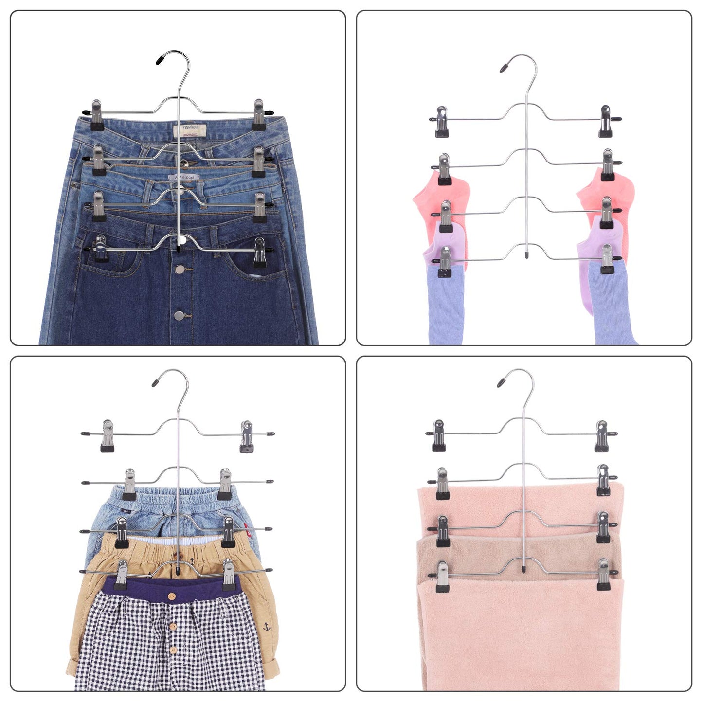 SONGMICS Hosenbügel platzsparend, Mehrfach-Rockbügel mit Clips, 3er Set, Kleiderbügel aus Metall, für je 4 Hosen, mit 8 verstellbaren Klammern, rutschfest, für Hosen, 32 cm, silbern-schwarz CRI042BK