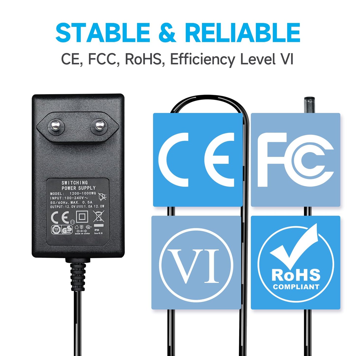 12V 1A/1000mA Netzteiladapter, AC 100-240V 50/60Hz auf DC 12V 1A/1000mA 12W Wandladegerät, Mitte positiv, 1,8m langes 20-AWG-Kabel für stabilen und flexiblen Einsatz, 8 Aufsätze enthalten