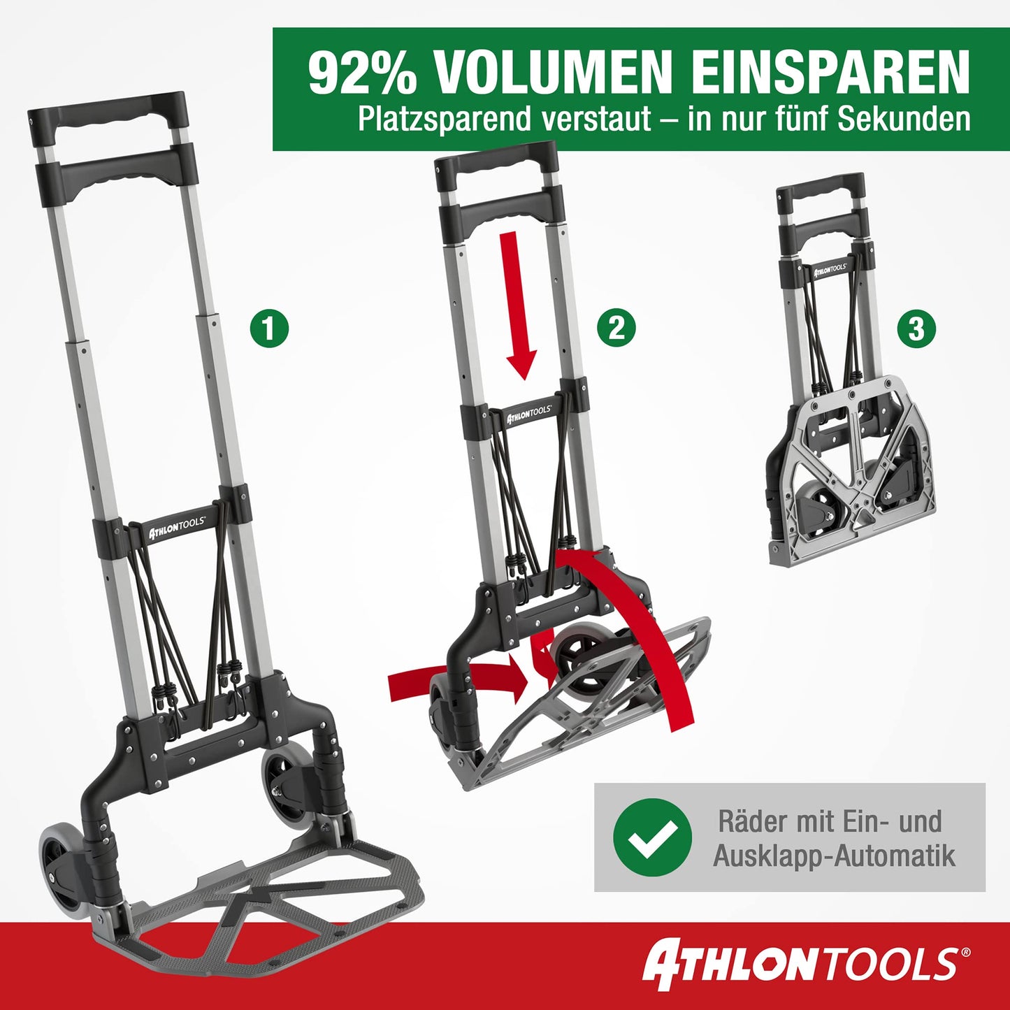 ATHLON TOOLS Aluminium Transportkarre klappbar - extra langer Teleskopgriff 110 cm - Ladefläche mit Anti-Rutsch-Pads - Leichtgängige Räder mit Soft-Laufflächen - inkl. 2 Expanderseilen - Modell 2024