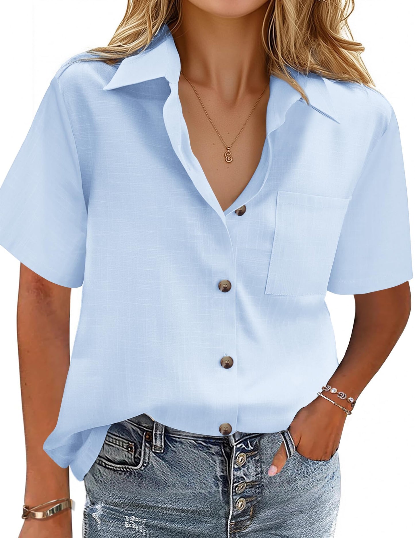 Zeagoo Bluse Damen Baumwolle Hemden Sommer Leinenbluse V-Ausschnitt Button-Down Hemdbluse Elegant Blusenshirt Revers Kragen Blusehemd Einfarbig Oberteile Kurzarm Hemd Basic Shirt Himmelblau XXL