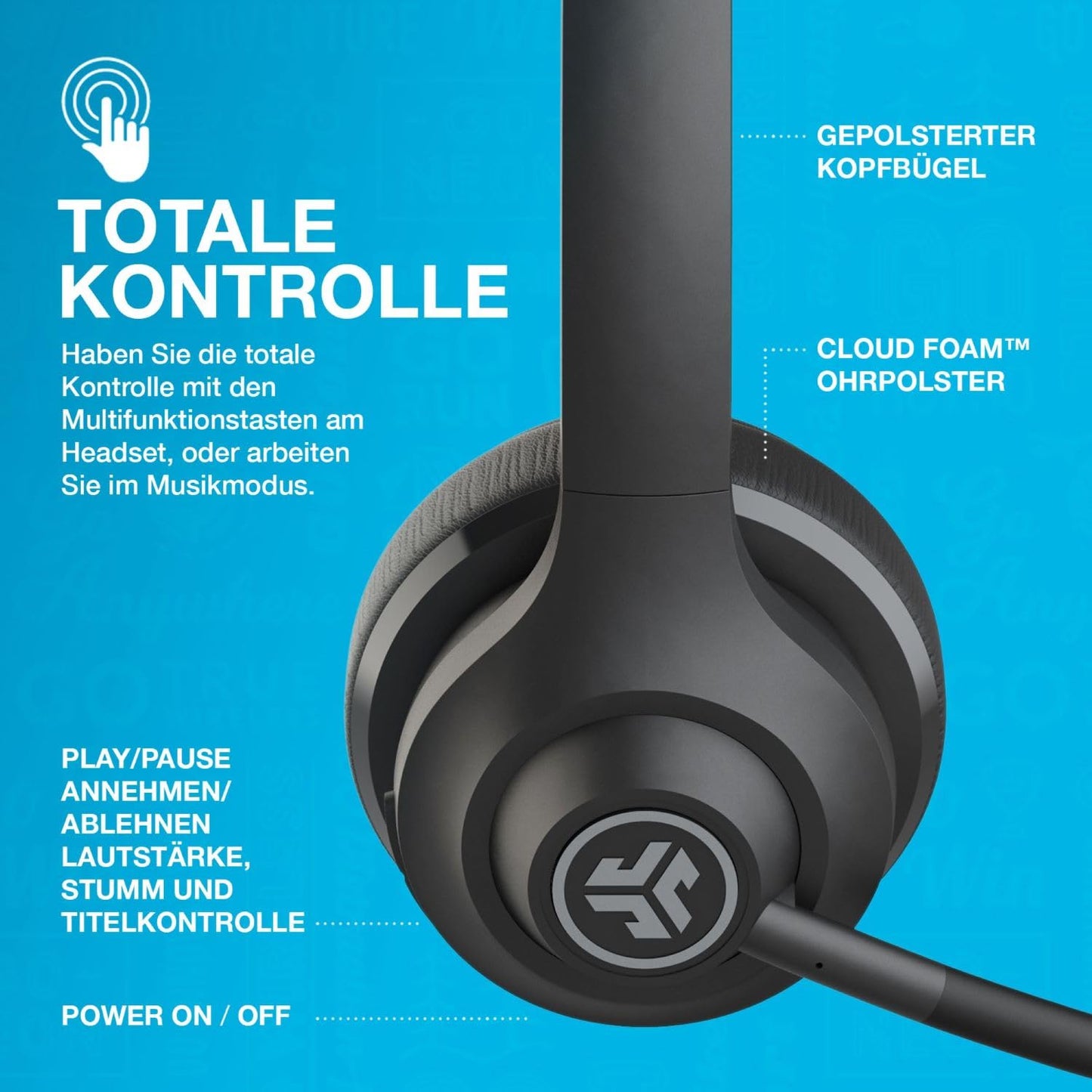JLab Go Work Headset mit Mikrofon Bluetooth, 45+ Std. Akku, On Ear Wireless Headset mit Mikrofon und Multipoint, Kabellos oder mit Kabel, für PC, Handy, Büro
