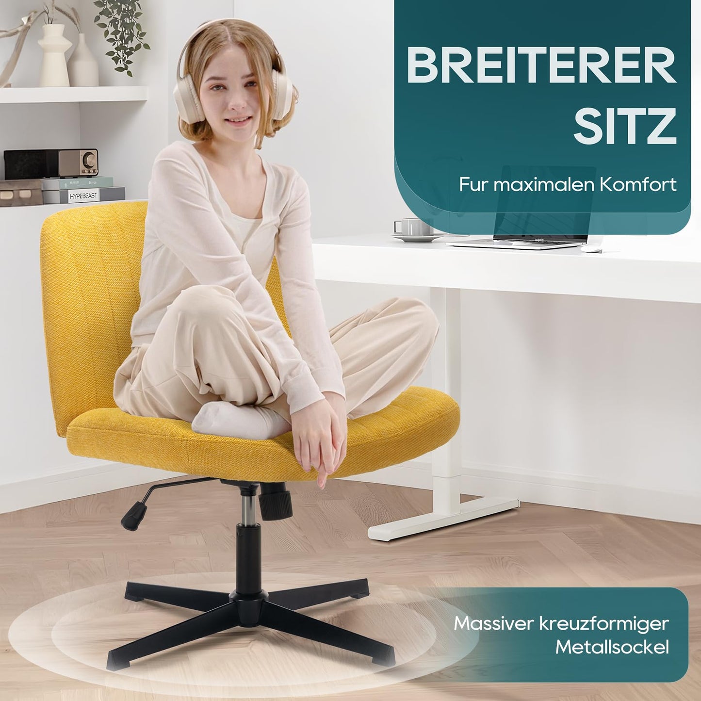 COLAMY Breiter Bürostuhl, Gepolsterter Armloser Schreibtischstuhl Drehbarer Home Office Stuhl 115° Wippfunktion Ergonomischer Computerstuhl für Home Office, Schminken, Gaming (Kreuzfuß, Gelb)