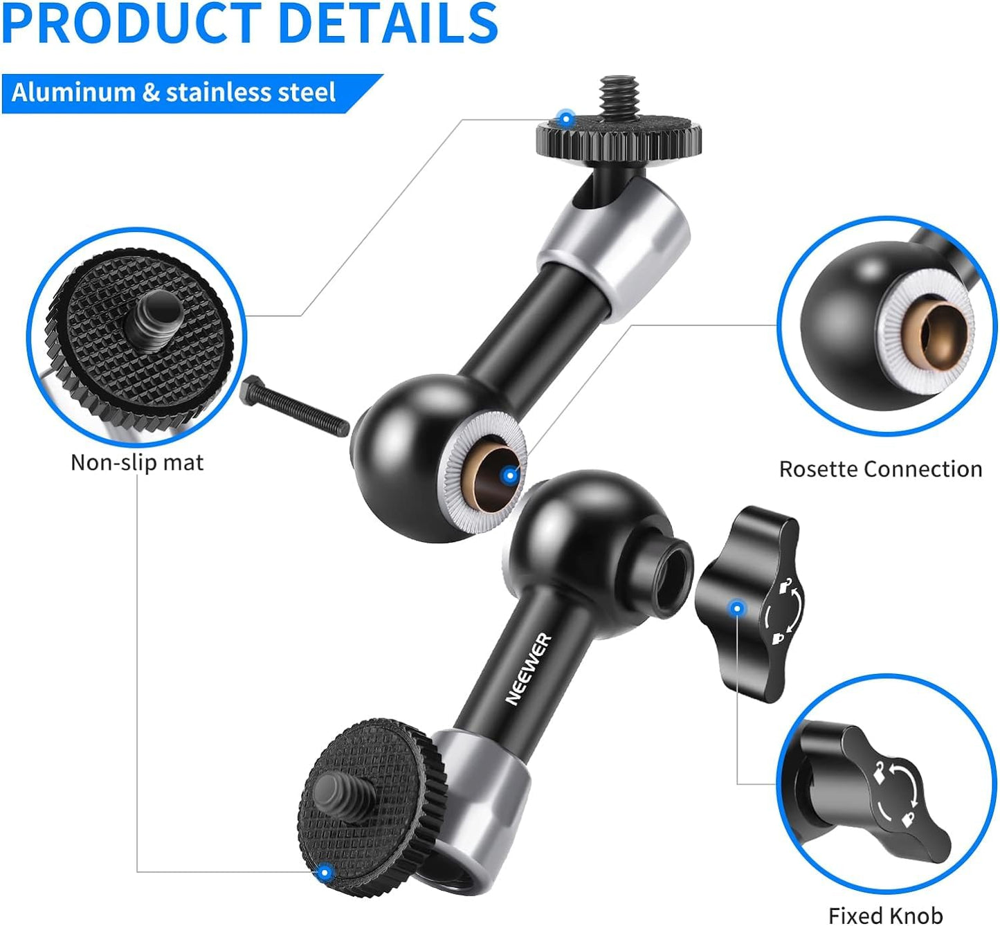 NEEWER 5.9"/15cm Verstellbarer Friktions Magic Arm mit 1/4“ Schraube an beiden Enden, kompatibel mit SmallRig Cage, Blitz/LED-Licht/Mikrofon/Monitor/SuperClip, Max Load 4.4lb/2kg, ST15