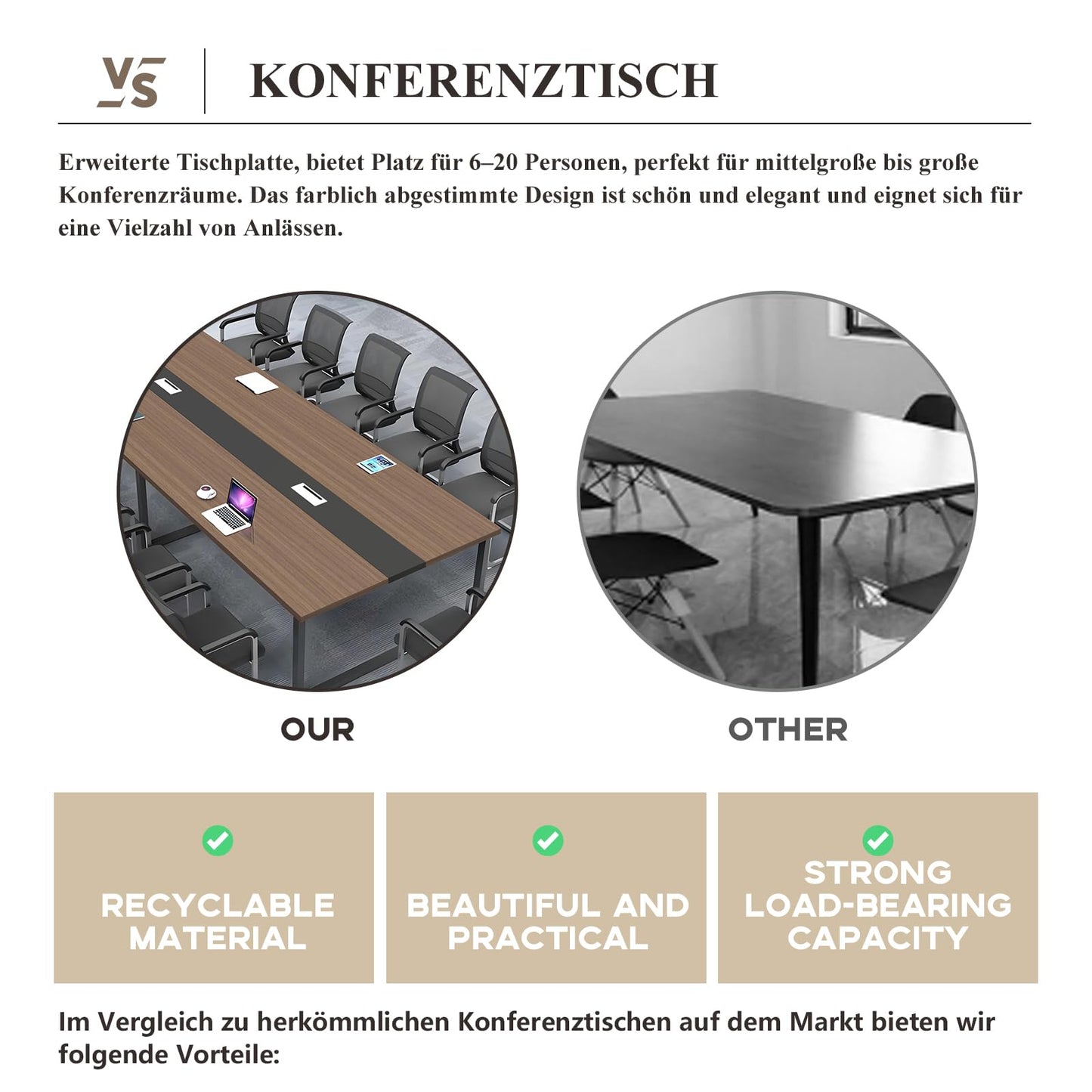 ZRBDDEF Großer Konferenztisch Dunkelgrau, Moderner Rechteckiger Meetingtisch für 8-12 Personen mit Kabelmanagement, Stabiler Metallrahmen