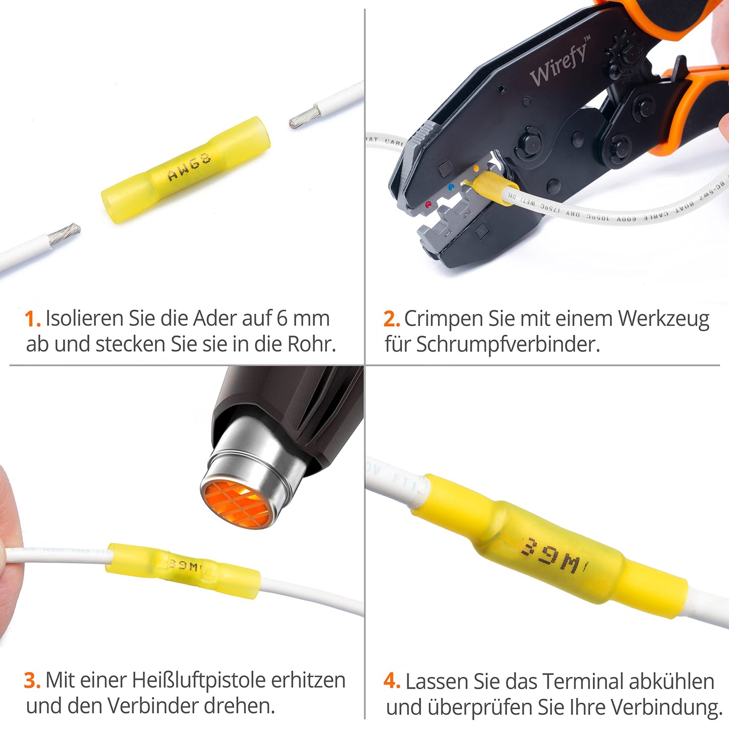 Wirefy Gelbe Kabelverbinder Wasserdicht im Set - 3:1 Schrumpfrate Quetschverbinder - Stoßfeste Verbinder Kfz als Alternative zu Lötverbinder - 8 mm² - 50 Stück