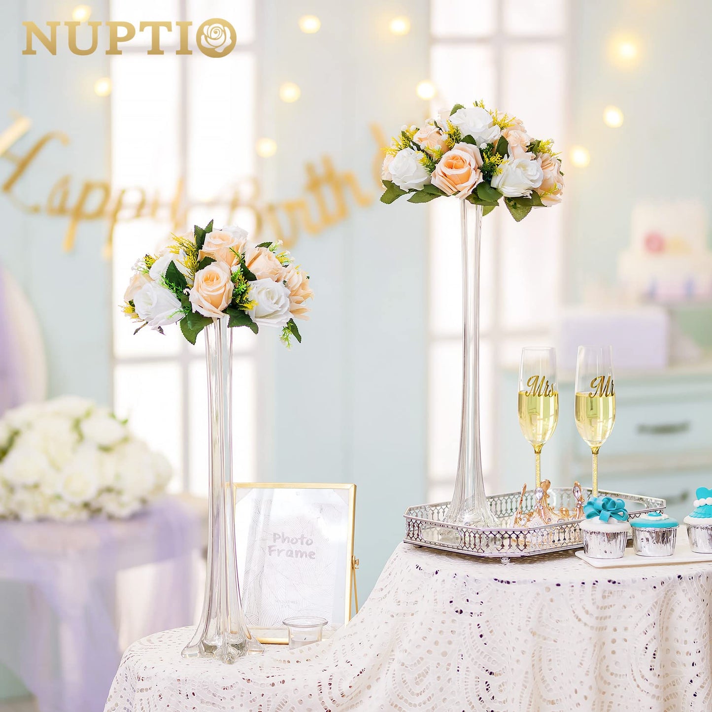 NUPTIO 2 Stück Künstliche Blumenstrauß, 15 Köpfe Kunststoff Rosen mit Sockel, Geeignet für Unser Geschäft Hochzeit Herzstück Blumenregal für Parteien Valentinstag Dekoration(Champagner & Weiß)