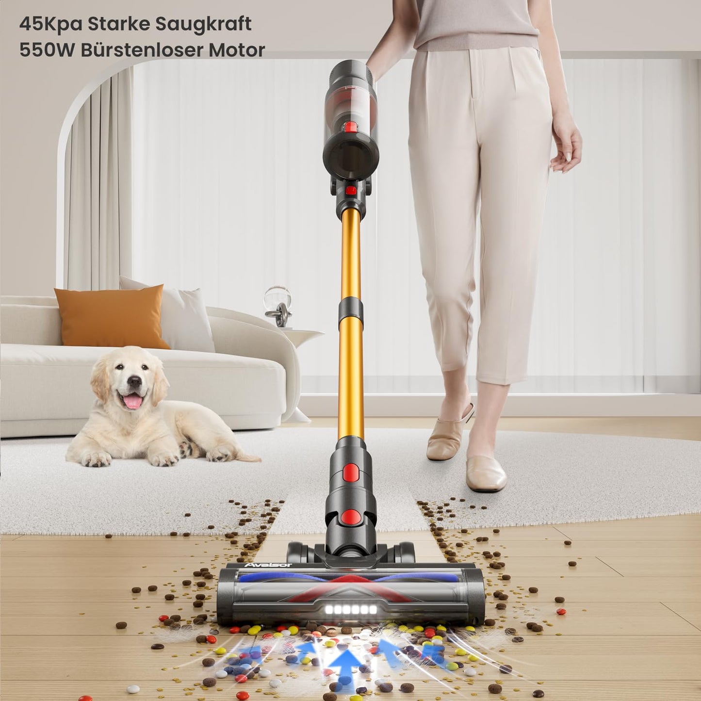 Avalsor Akku Staubsauger 45000Pa/550W/65Min, 1.5L Staubsauger Kabellos mit LED Touchscreen und mit Anti-Tangle-Bürste, Akku Staubsauger Kabellos mit 8 Schichten Filter für Hartböden/Teppich/Tierhaare