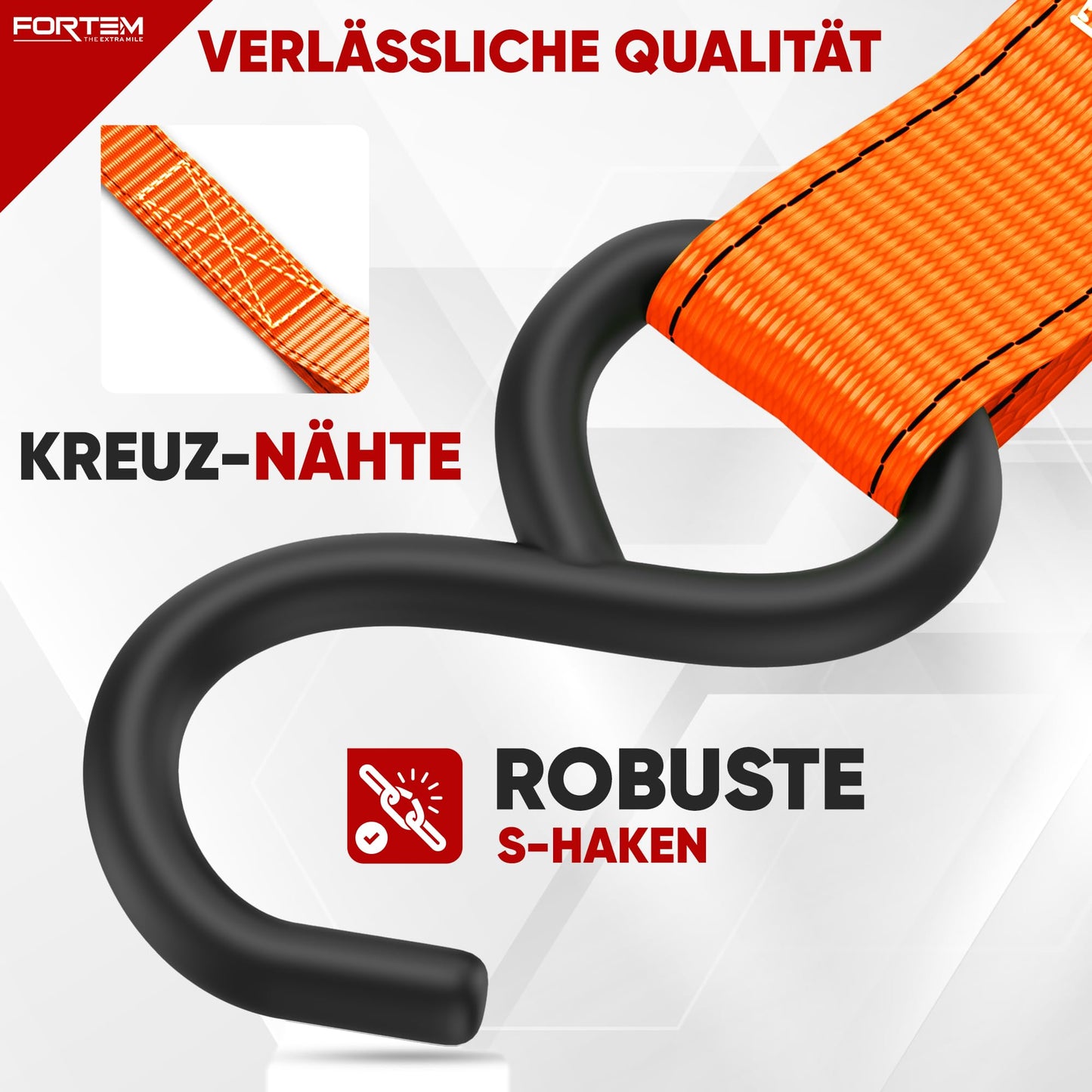FORTEM Spanngurte, 748 kg Bruchfestigkeit, 4 x 4,57 m Spanngurte mit Ratsche - 4 Weiche Zurrschlaufen, Zurrgurte Spanngurte mit Haken aus Beschichtetem Metall - Gummigriffe - Tasche (Orange)