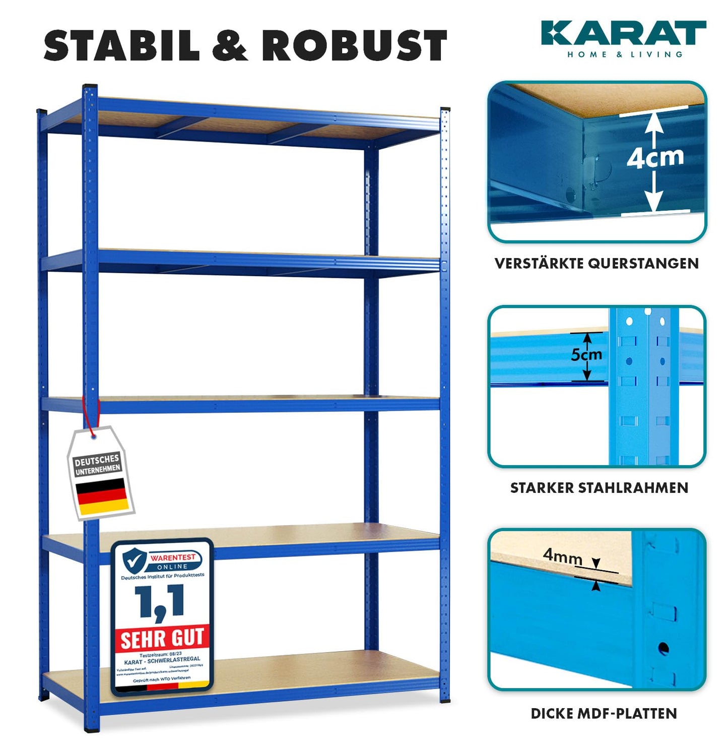 KARAT Schwerlastregal, 2er Set, 30 x 75 x 150 cm Steckregal, Kellerregal, Lagerregal - 5 verstellbare Böden (Blau)